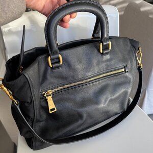 Prada black gold saffiano leather authentic satchel shoulder bag